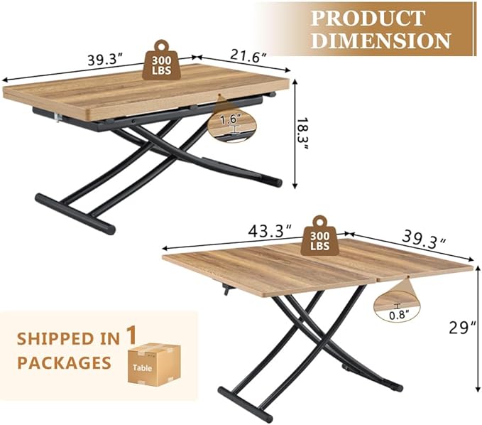 4 in 1 Folding Dining Table with Adjustable Lift Top & Wheels, Multi-Function Coffee Table to Dining Table for Apartments, Kitchens, Living Rooms, Scratch-Resistant & Easy Assembly