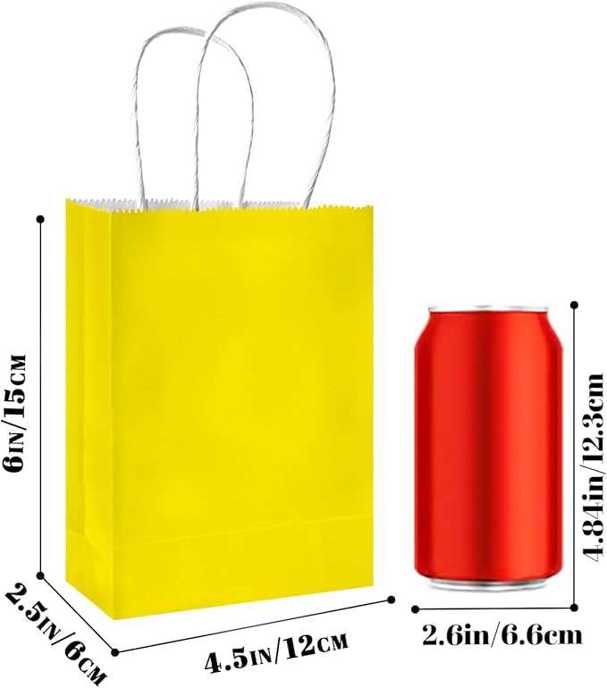 qiqee 50-Packs Bright Yellow Paper Gift Bags with Handles Bulk 4.5"x2.5"x6" Mini Size Party Favor Bags Multiple Uses