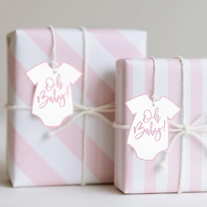100Pcs Gift Tags with String Pink Baby Clothes Oh Baby Sign Large Gift Tags with 65 Ft Jute Twine Cute Tags White Paper Gift Tag for Gender Reveal It's a Girl Baby Shower Party Gift Wrap Tag
