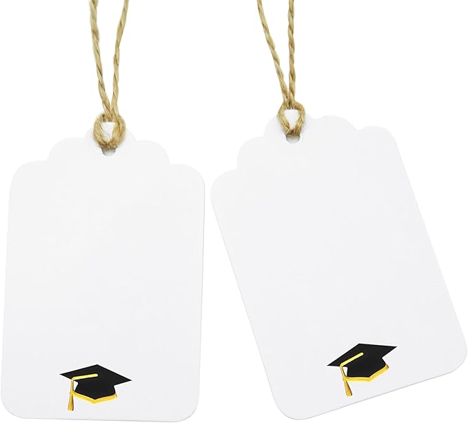100Pcs Blank Gift Tags with String Foil Black Gold Grad Cap Large Paper Gift Tags with 65 Ft Jute Twine for Congratulations Graduation Congrats Grad Class of 2025 Party