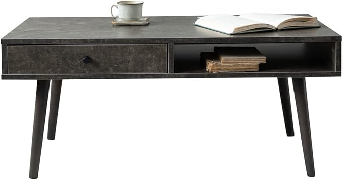 EMOOR Wood Coffee Table with Storage Rectangle Stone Gray, Floor Sitting Low Table Small Space Minimalist Japanese Tatami Room