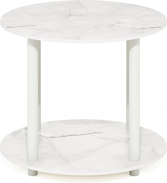 Furinno Turn-N-Tube Simple Design 2-Tier Round Wooden Small Coffee Table, Marble White