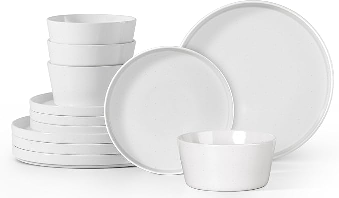Herogo 12 Pieces Dinnerware Dishes Set for 4, Handmade Stoneware Dining Plates and Bowls Sets, Double Reactive Glaze, Microwave & Dishwasher Safe, Scratch Resistant, Speckled White