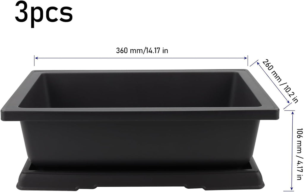 KINJOEK 3 PCS 14 Inch Plastic Bonsai Pots, Large Bonsai Training Pot with Drainage Trays, Rectangular Plant Bonsai Tree Pots for Garden, Indoor, Home Decorative