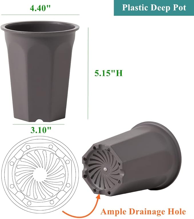 BangQiao 14 Pack 4.40 Inch Plastic Deep Nursery and Seedling Pots, Round Transplant Seed Starter Planter,Gray Color