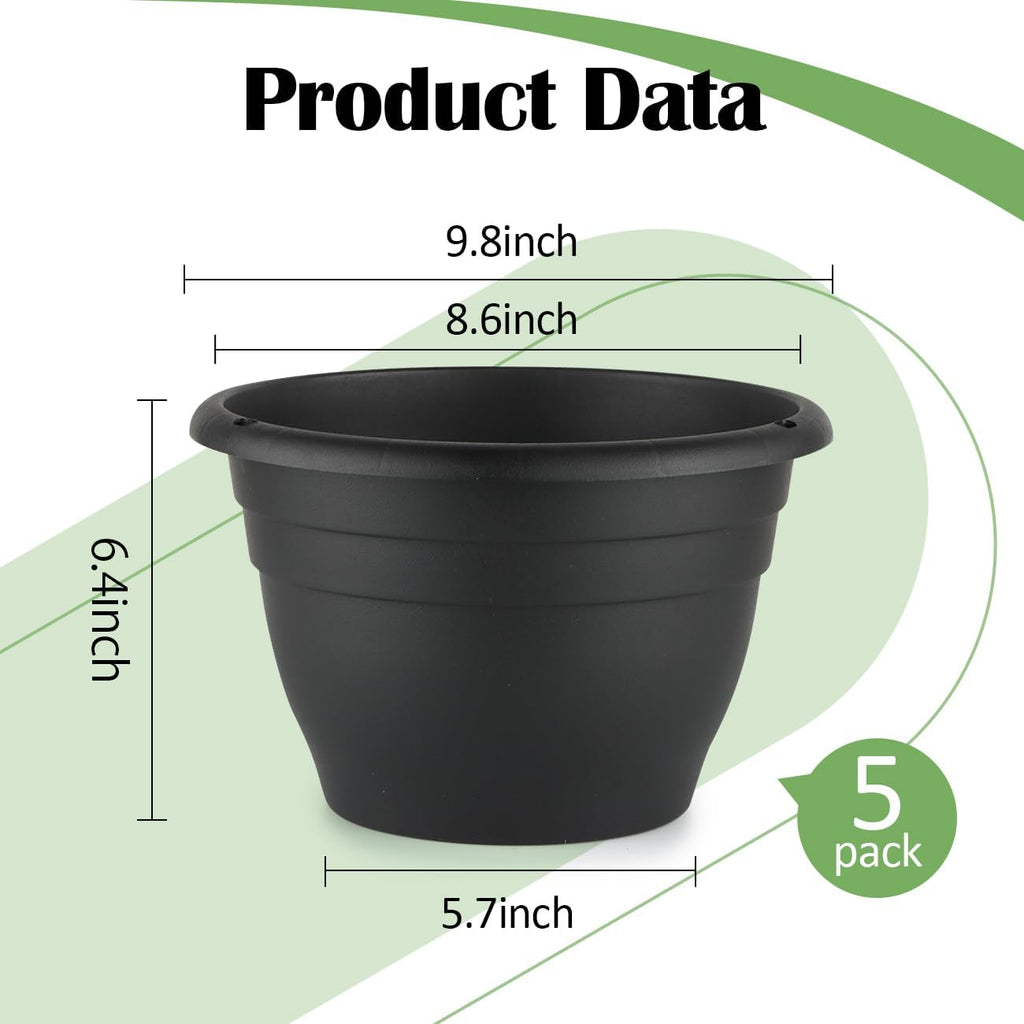 Plant Pots Set of 5, 10" Outside Diameter Flower Pots, 8.5" Inner Diameter Planters with Drainage Hole, Durable Perfect for Indoor & Outdoor Plant Planting, Decor, Black