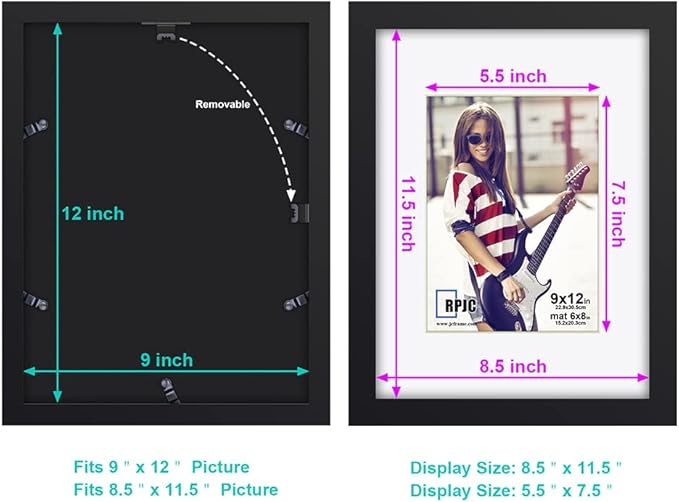 RPJC 9 x 12 Picture Frames Made of Solid Wood and High Definition Glass Display Pictures 6x8 with Mat or 9x12 Without Mat for Wall Mounting Photo Frame Black