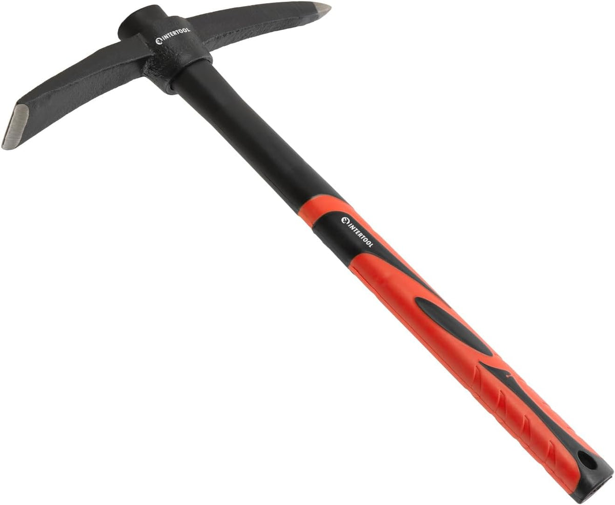 INTERTOOL Small Pickaxe - 1.5 lb Forged Steel Weeding Hoe – Pick Mattock 15-Inch with Anti-Slip Fiberglass Handle - Heavy-Duty Garden Tool for Roots, Rocks, Digging & Camping HT08-0303