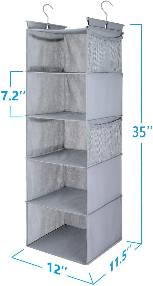 MAX Houser 5 Shelf Hanging Closet Organizer,Space Saver, Closet Hanging Shelves with (4) Side Pockets,Foldable,Light Grey