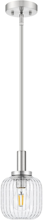 Brushed Nickel Pendant Lights Kitchen Island, 1-Light 5.9" Modern Glass Pendant Light with Clear Glass and Rods, Mini Hanging Lighting for Kitchen Sink Bathroom Bedroom, OS-YQ7749-1PBN