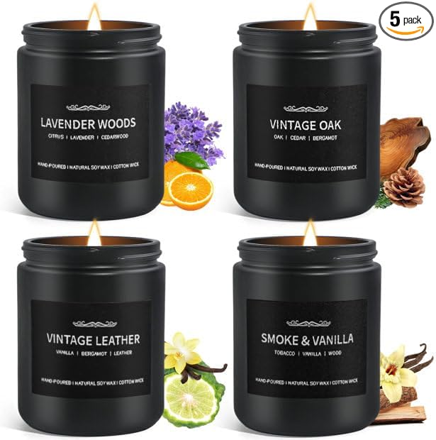 Scented Candle Set, Men Candle Set, Scented Candles for Home, Gifts for Men, 4 Pack Manly Candles Gifts for Mens Scents of Smoke Vanilla/Leather/Oak/Lavender Wood