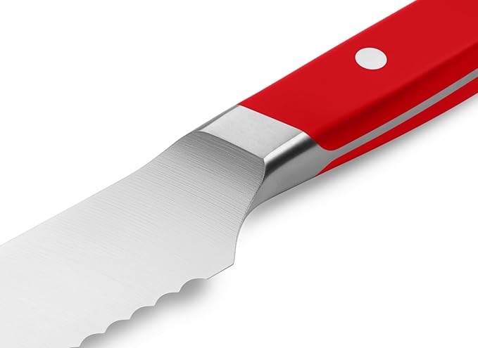 Misen Serrated Bread Knife – High-Carbon Japanese AUS8 Steel – Effortless Slicing of Bread, Pastries, and Fruits – Razor-Sharp Edge and Durable Blade with Ergonomic Handle - 5", Red