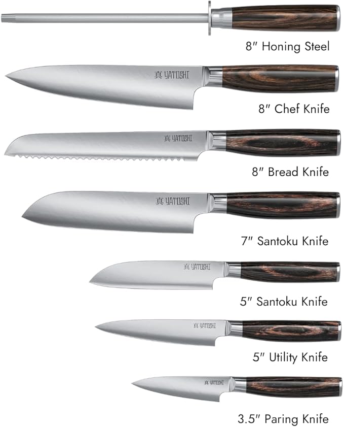 Yatoshi Kitchen Knife Set - 7 Piece, Ultra Sharp High Carbon Stainless Steel, Hidden Tang with Pakkawood Handles