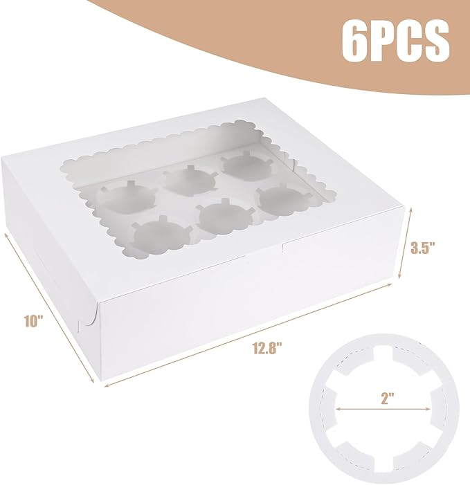 VGOODALL 6PCS White Cupcake Containers, 12 Count with Window Boxes Holding 72 Pastry Box for Birthday Holiday Party Bakery Supplies