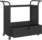 Outdoor Rolling Wicker Bar Cart with Drawer, Portable Bar Cart with Wheels, Patio Kitchen Island Cart for Pool Deck Backyard, Black 39.4"x17.7"x38.2" Poly Rattan -460