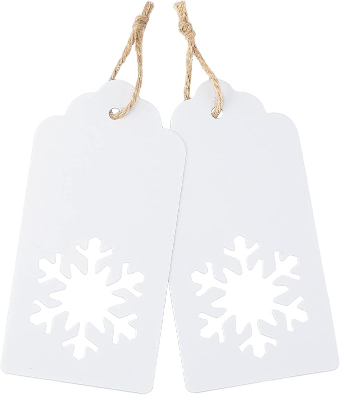 jijAcraft Christmas Gift Tags - 100Pcs Christmas Tags with String, Blank Xmas Name Labels, White Paper Hollow Trees, Rudolph, Snowflake Shapes Holiday Labels for Xmas Party Favors, DIY Crafts, Jar