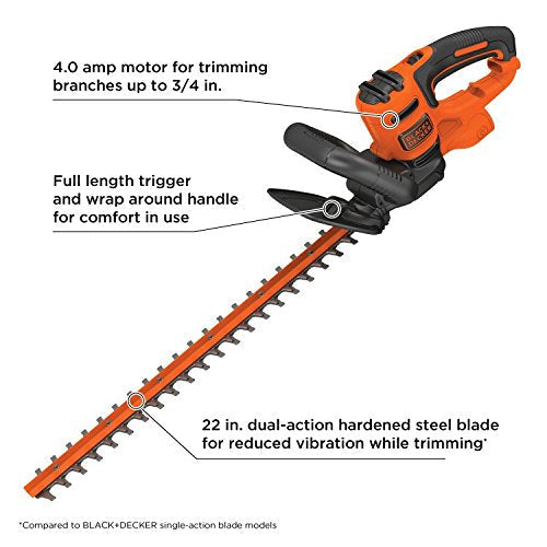 BLACK+DECKER 22" Electric Hedge Trimmer, Lightweight 4.0 Amp Corded Dual Action Shrub Trimmer, Full Wraparound Handle, High Output Low Vibration (BEHT350FF)