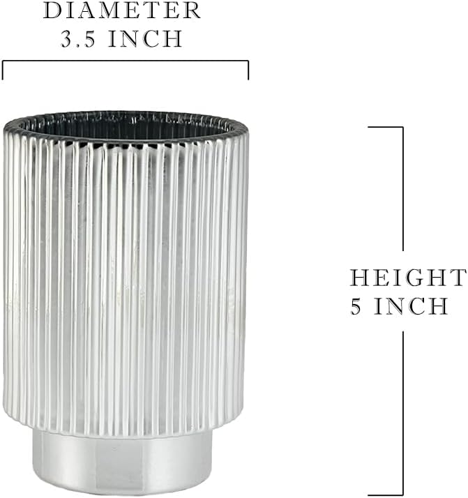 Serene Spaces Living Silver Ribbed Pedestal Glass Votive Holder, Table Centerpiece, Home, Office, Wedding, Birthday, Holiday & Special Events Decor, 3.5" Diameter & 5" Tall, Pack of 24