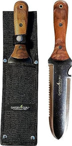 Garden Guru Hori Hori Gardening Knife for Weeding Digging Pruning & Cultivating - Stainless Steel Full Tang Blade | Walnut Wood Handle | Marks for Measuring Planting Depth | Nylon Sheath for Storage