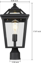Colonial Outdoor Post Light Fixture, 8.5 Inch Large Modern Exterior Pillar Lantern with Black Finish & Clear Glass, Pole Light for Garden, Backyard, Courtyard, Patio, Pathway,RZ-033P BK-1