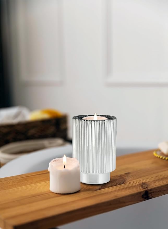 Serene Spaces Living Silver Ribbed Pedestal Glass Votive Holder, Table Centerpiece, Home, Office, Wedding, Birthday, Holiday & Special Events Decor, 3.5" Diameter & 5" Tall, Pack of 24
