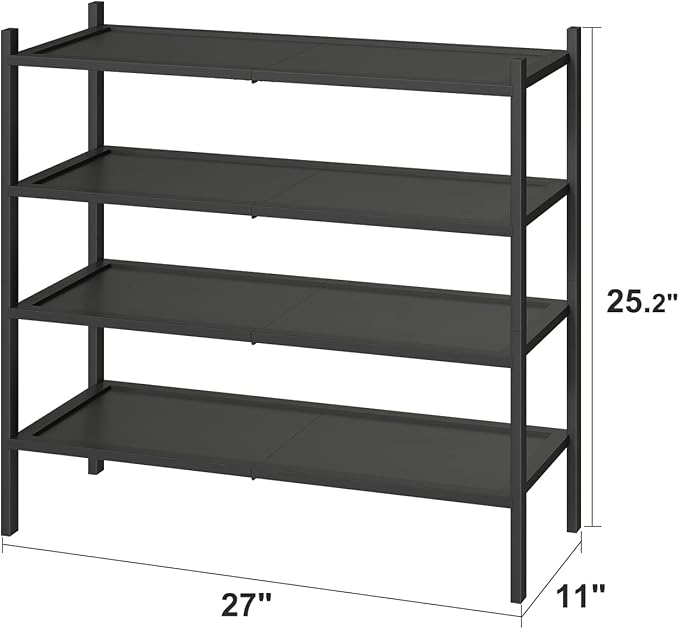 Shoe Rack for Entryway, Black Bamboo Shoe Rack 4-Tier, Stackable Shoe Organizer for Hallway Closet, Free Standing Shoe Racks for Indoor Outdoor