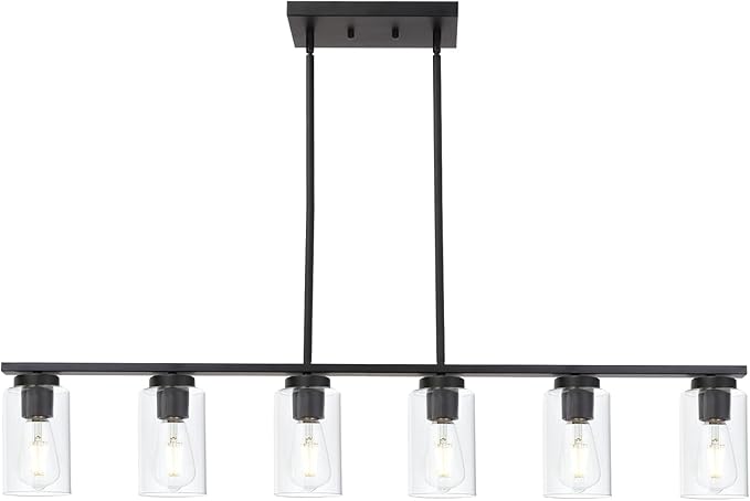 Black 6-Lights Kitchen Island Light with Clear Glass Shades, Farmhouse Hanging Pendant Light Fixture for Farmhouse Dining Room Living Room