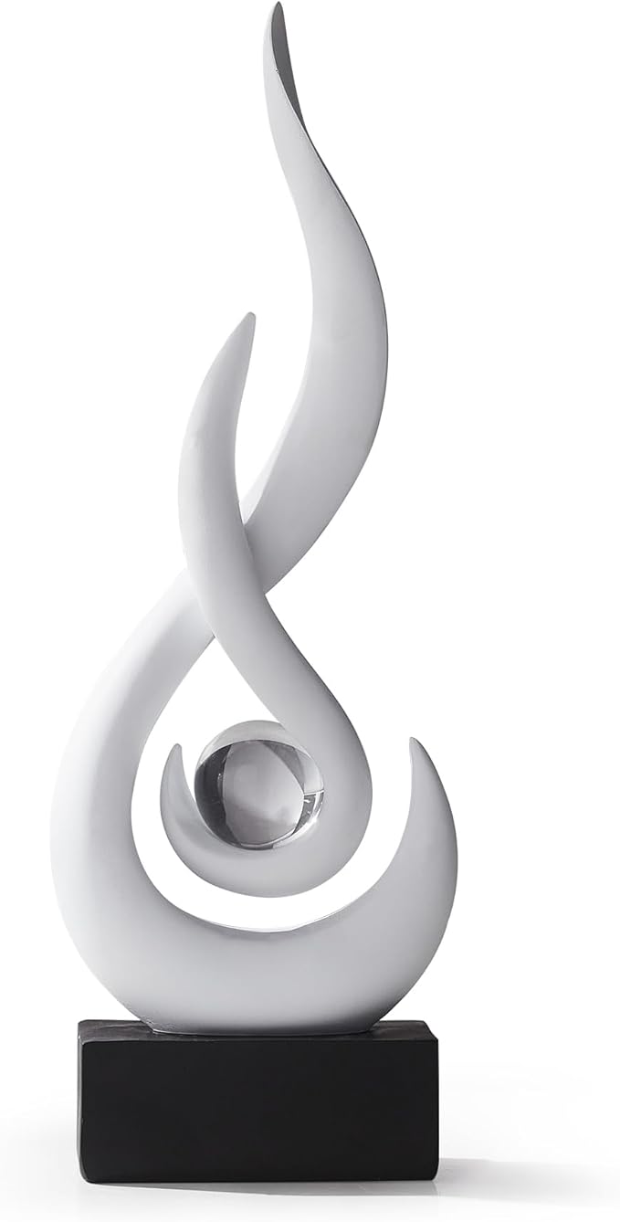AWNR Modern White Sculpture Decor: Flame Statue with Glass Ball Resin Abstract Art Figurines Unique Centerpiece for Living Room TV Stand Coffee Table Office Decor