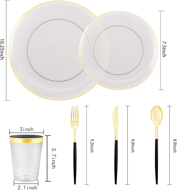 Supernal 180pcs Black Plastic Dinnerware Set Include Gold and Black Plates,Clear Disposable Plates,Gold Plastic Silverware，Clear Cups Suit for Party, Birthday