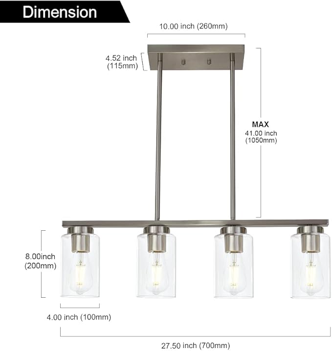 Modern Kitchen Island Light with Clear Glass Shades, 4-Lights Hanging Lighting Fixtures in Brushed Nickel for Dining Room