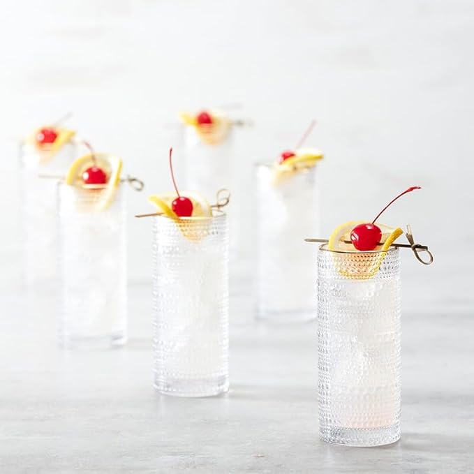 Fortessa Jupiter Beaded Hobnail Glass, 11 Ounce Collins/High Ball (Set of 6), Gold Rim Clear