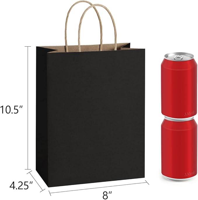 BagDream 50Pcs Gift Bags 8x4.25x10.5 Inches Kraft Paper Gift Bags with Handles Bulk for Shopping, Wedding, Party Favor, Merchandise, Retail, Black Paper Sacks