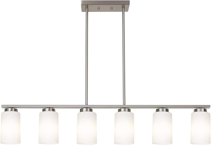 6-Lights Farmhouse Pendant Light Fixture Kitchen Island Lights with Opal White Glass Shade, Hanging Ceiling Light in Brushes Nickel for Dining Room Home Lighting