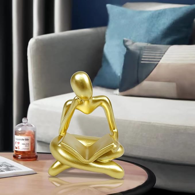 Gold Decor Thinker Statue Reading Women Figurine Abstract Art Sculpture Home Decor Modern Gold Decor Accents Golden Thinker Figurines for Living Room Shelves Bookshelf Office Shelf Desktop