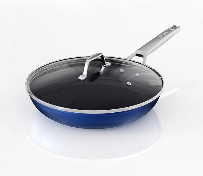MsMk Frying pans nonstick with lid Blue, 10-inch Durable skillet, Titanium and Diamond Non Stick Non-Toxic Coating From USA, Even Heating, Easy Clean-Up, Comfortable Handle, Induction Compatibility