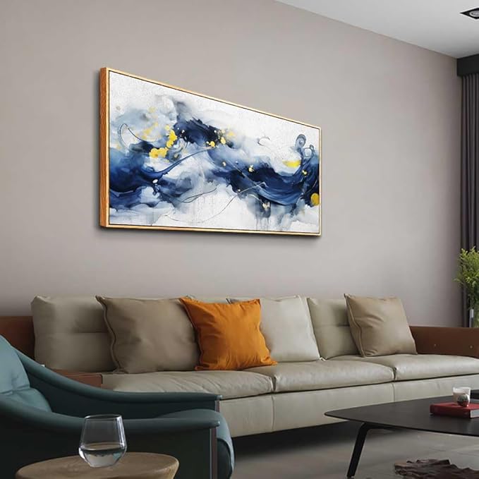 hyidecorart Wall Art For Living Room Large Size Wall Decor For Office Bedroom Wall Decorations Pictures Artwork Blue Abstract Ink Paintings Wood Framed Canvas Art Prints Ready To Hang Home Decor