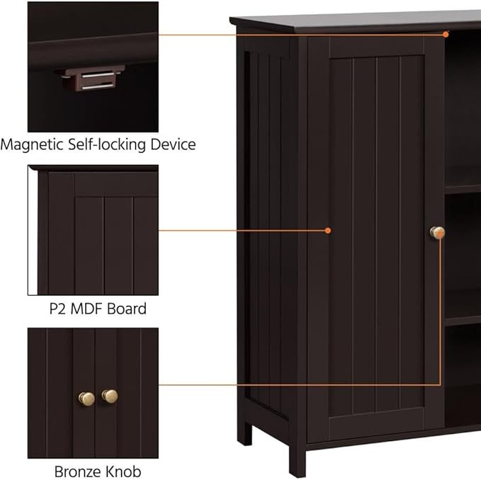 Yaheetech Bathroom Floor Cabinet, Modern Storage Freestanding Organizer Cabinet with Adjustable Shelves & Double Doors, 3-Tier Home Living Room Furniture, Espresso