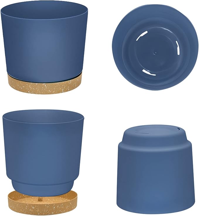 ZMTECH Plant Pots, Set of 6 6.5'' Self Watering Plastic Planter with Drainage Hole and Saucer,Modern Decorative Flower Pot for Indoor Outdoor House Plants, Succulents, Flowers - Blue