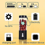 Portable Juicer Blender – 530ml USB Rechargeable Personal Blender for Shakes, Smoothies & Juice – Food Grade PC, Leak-Proof Rubber Seal, Lightweight Travel Bottle Mixer – Black