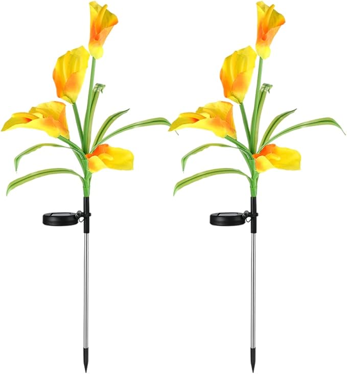 Veesee Solar Calla Lily Light, 2-Pack Solar Powered Flower Lights, Outdoor Multi-Color Changing Stake Lamp, Christmas Gift LED Yellow Calla Lily Lights for Garden Outdoor Landscape Lawn Yard