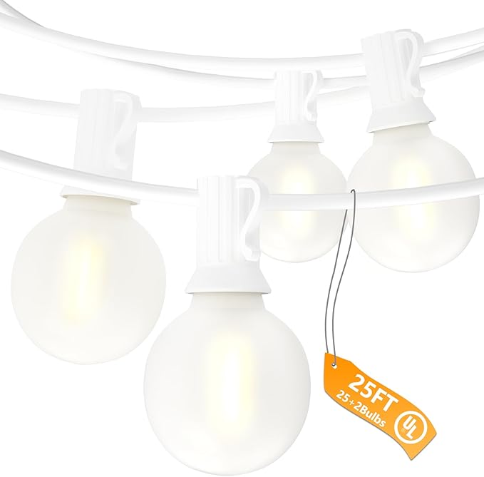 SUNSGNE 25Ft G40 LED Outdoor White String Lights with 27 White Frosted Shatterproof Globe Bulbs (2 Spare), Outdoor Hanging Lights for Room Café Bistro Pergola Tents, 25 Pack, White Wire
