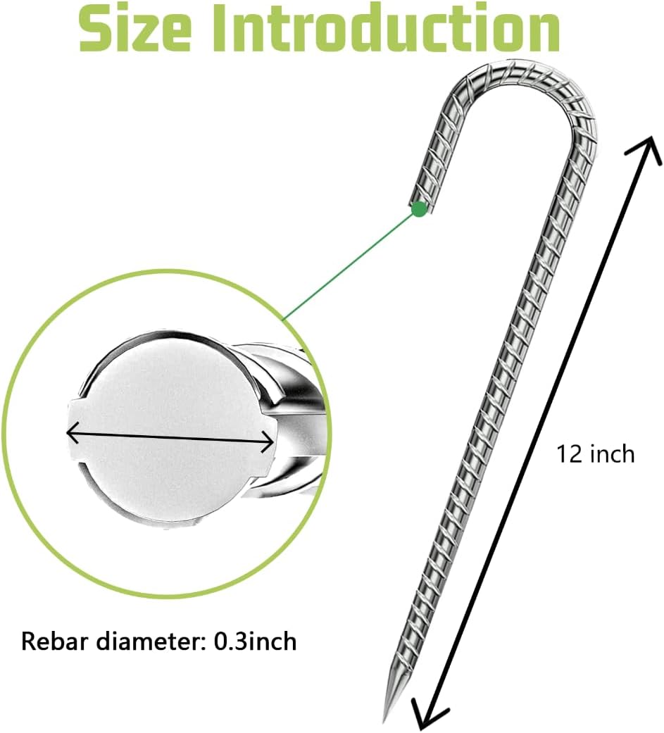 Rebar-Stakes-12-Inch, Ground Stakes Heavy Duty J-Hook Galvanized Anti-Rust Heavy Duty Ground Anchors for Garden Dog Fence Chicken Coop Christmas Decorations Deer Fence 12pcs