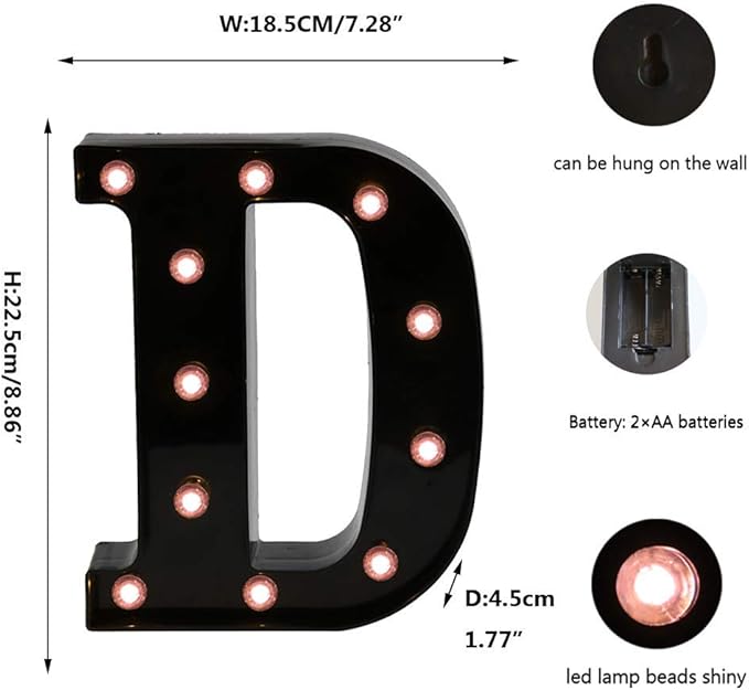 OYCBUZO Light Up Black Alphabet Marquee Letters Sign LED Marquee Number Lights Sign for Night Light Home Bar Christmas Lamp Birthday Party Wedding Decoration D