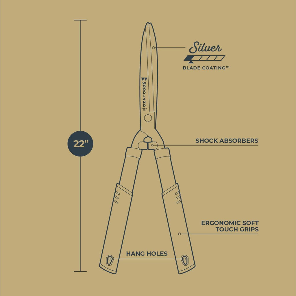 Woodland Tools 22" Regular Duty Hedge Shears - High Carbon Steel Blades, Non-Stick Coating, Cushioned Grips, Shock-Absorbing Bumpers, Manual Hedge Clippers for Shrubs and Bushes