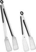Metal Tongs for Cooking, Set of 2 Stainless Steel Spatula Tongs for Grilling, Cooking and Flipping, Strong Grip for Ribs, Steak and Fish, Comfortable Grip, Easy Pull Lock, 9 inch & 12 inch
