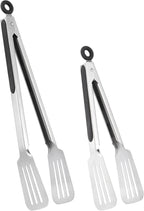 Metal Tongs for Cooking, Set of 2 Stainless Steel Spatula Tongs for Grilling, Cooking and Flipping, Strong Grip for Ribs, Steak and Fish, Comfortable Grip, Easy Pull Lock, 9 inch & 12 inch