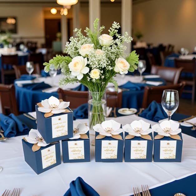 FEIYI 20 PCS Navy Blue Gift Boxes, 3 In 1 Favor Boxes with Floral Decor, White Thank You Tags Cupcake Containers Gift wrapping for Wedding, Baby Shower, Birthday, Decorations Party - 3.55x3.55x3.55