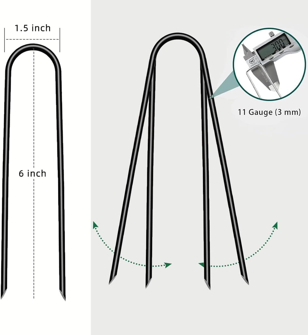 6 inch 25 Pack U Shape Black Garden Stakes,11 Gauge Garden Pins,U-Shaped Tent Stakes,Galvanized Landscape Staples for Yard Lawn,Tube, Landscape Fabrics,Irrigation Hose and Weed Barriers.