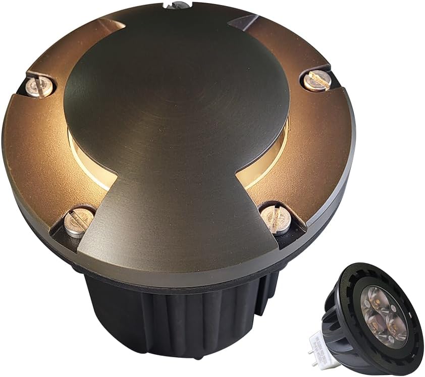 MALORY Brass Top Cover Landscape Well Lights,(5''H) 12V Low Voltage Outdoor In Ground Lights,Landscape Lighting for Pathway, Driveway and Garden (Two-Direction Turret, 1-Pack with Bulb)
