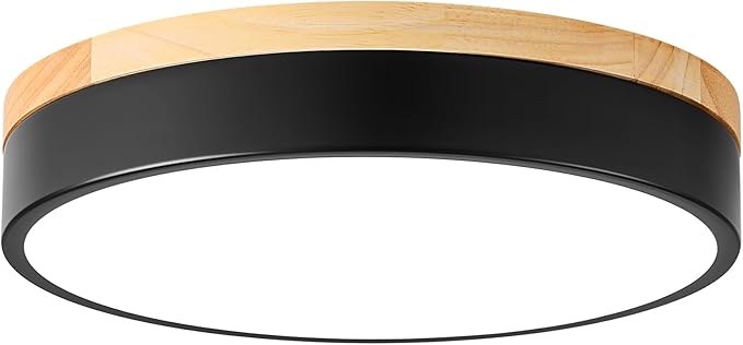 Dimmable Wood LED Ceiling Light Fixture, Black Round Low Profile Flush Mount Ceiling Lighting, Modern 5CCT 2700K-6000K Ceiling Lamp for Laundry Room Hallway Kitchen Bedroom, 11.8in